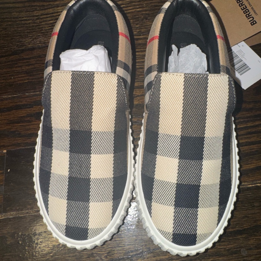 Burberry Plaid Slip-On Sneakers in Black and Tan